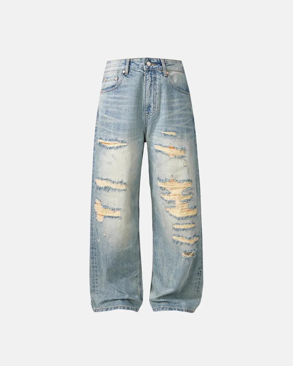Distressed ripped straight-leg jeans by INFLATION, showing worn fabric, frayed edges, and classic denim style.