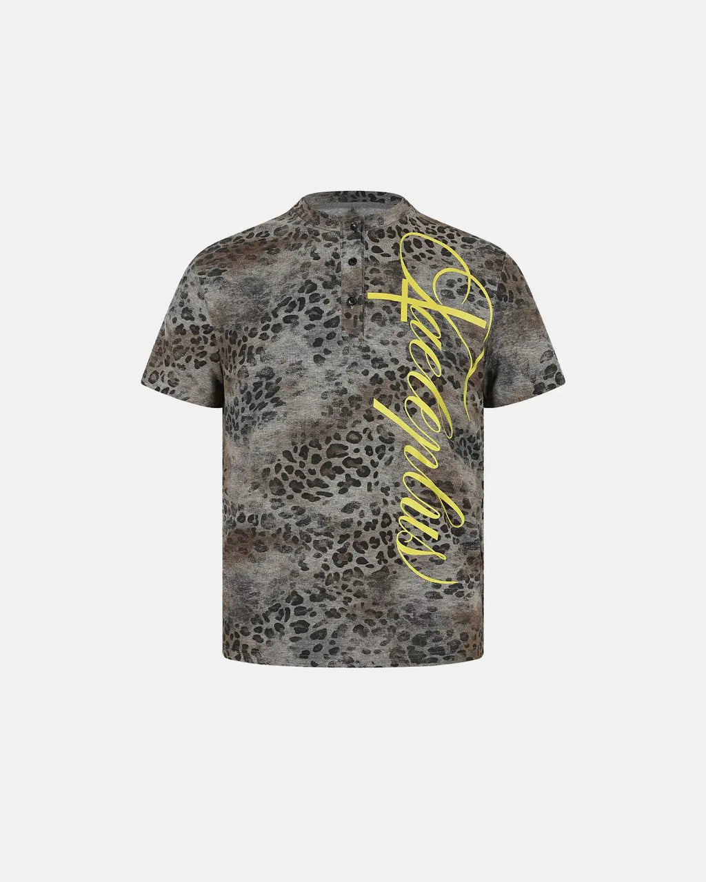 Leopard script Henley baby tee in black and white from INFLATION Streetwear, showing the front view with leopard print and Henley neckline.