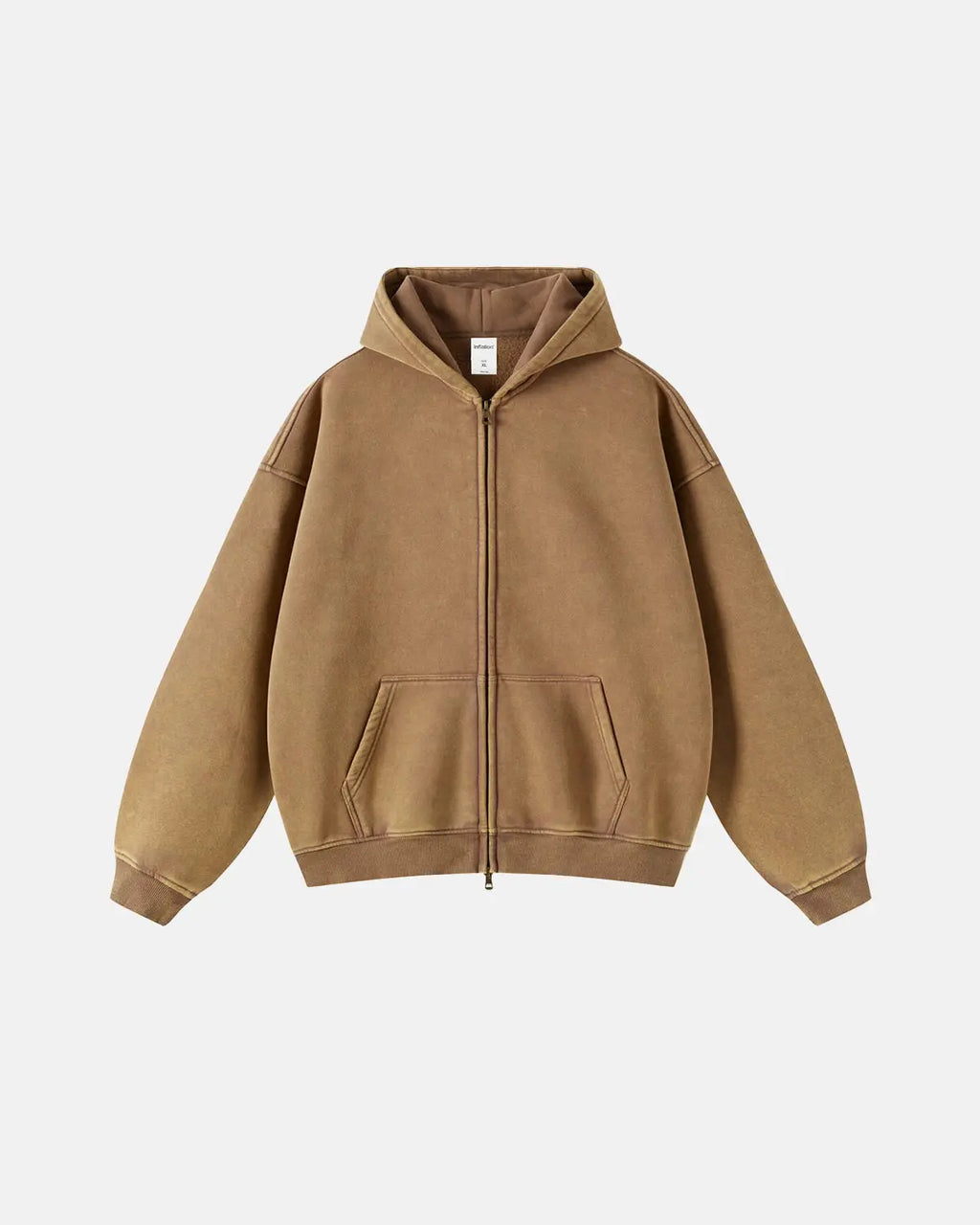 Acid washed distressed fleece zip-up hoodie from Flation Streetwear, featuring a casual fit and worn-in style.