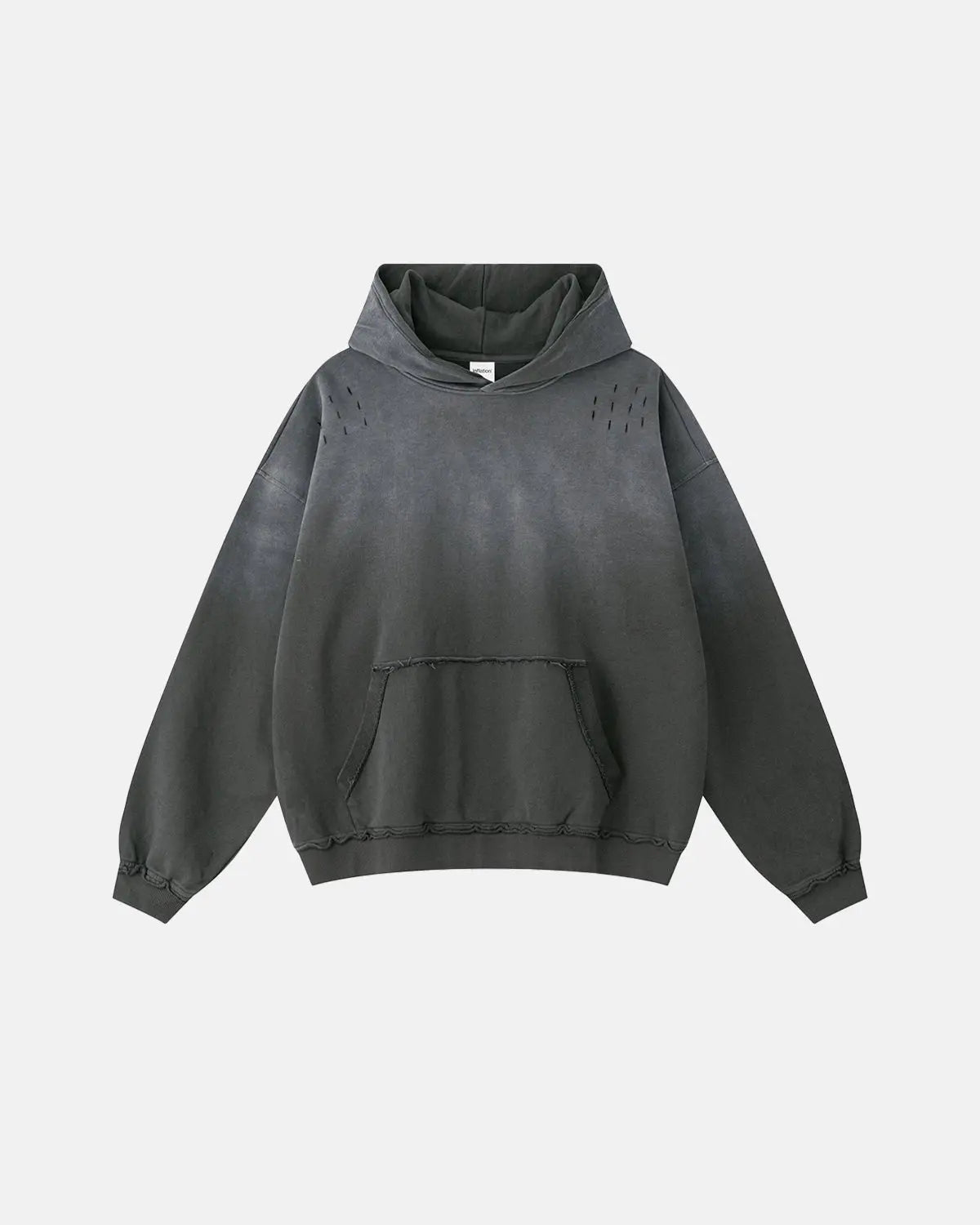 Inflation Streetwear Monkey Wash Ripped Hoodie with distressed details and casual fit, showcasing front view in soft fabric.
