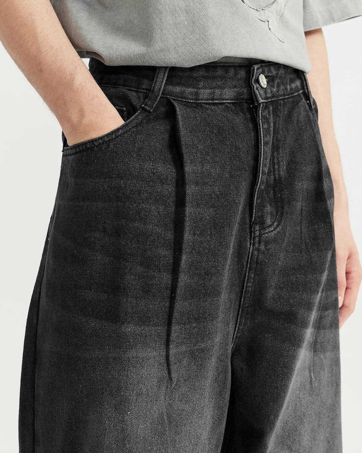 Flation Chill wide leg denim pants with relaxed fit, high waist, and stylish streetwear design, shown on a model.