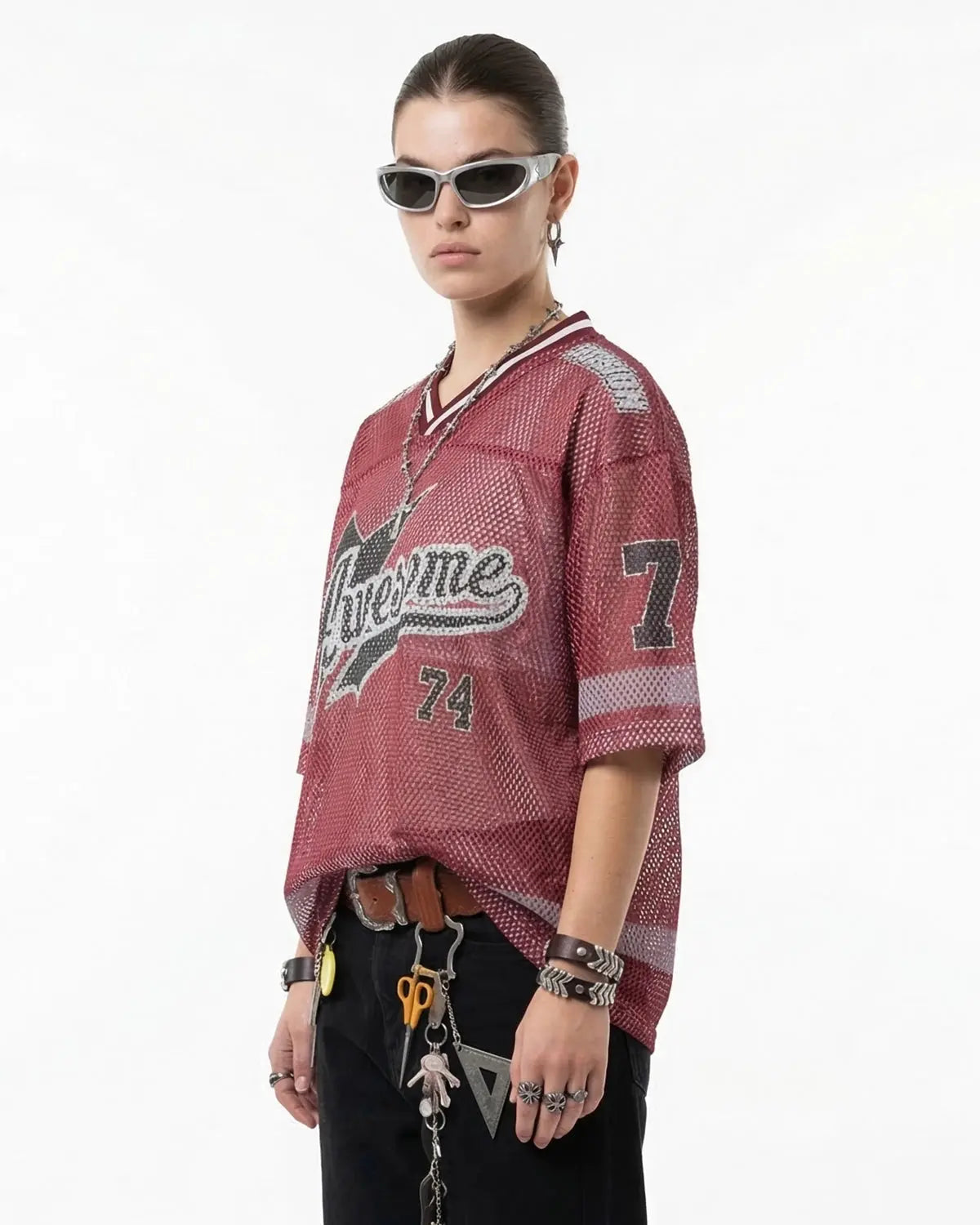Inflation Streetwear V-neck graphic mesh jersey with bold print, lightweight fabric, and street style design.