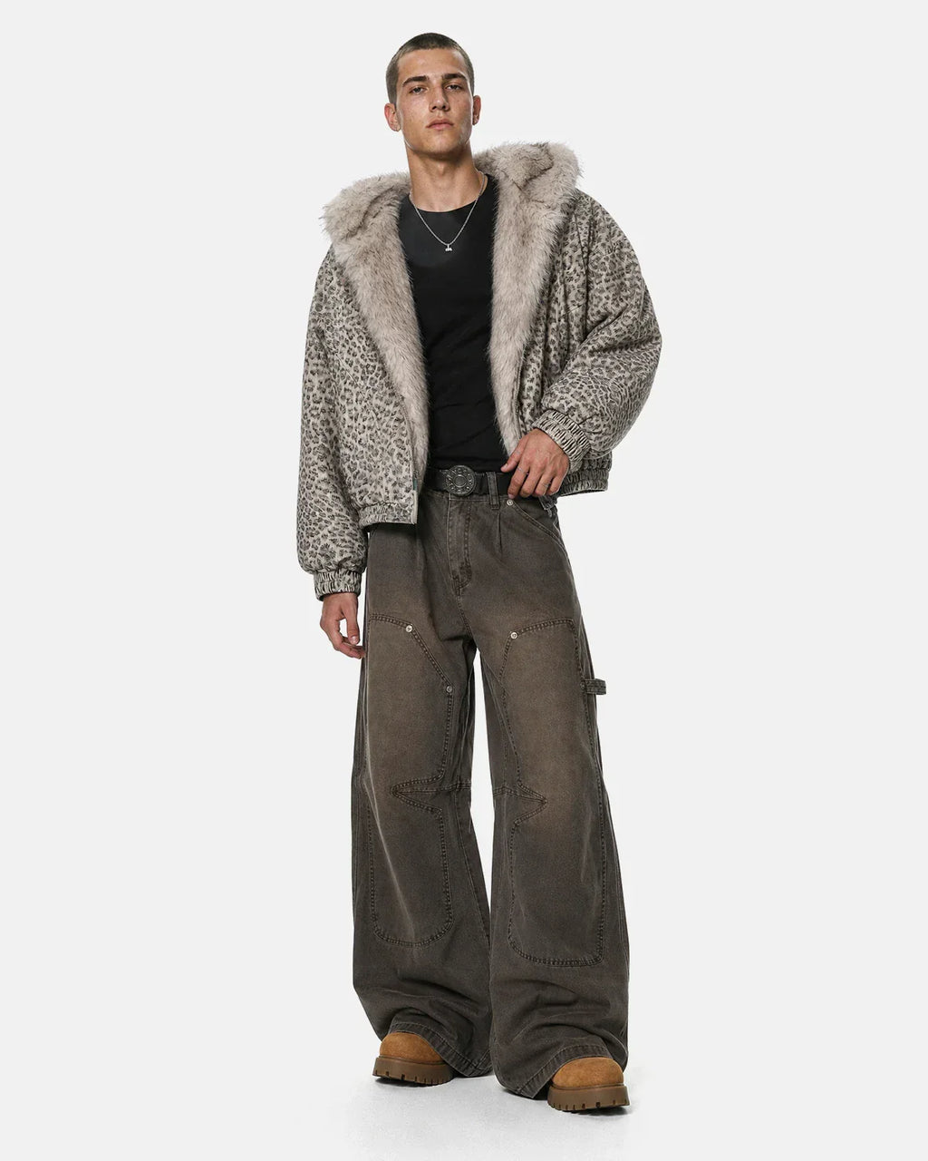 Inflation Leopard Faux Fur Lined Bomber Jacket with stylish leopard print and cozy faux fur collar, streetwear fashion.