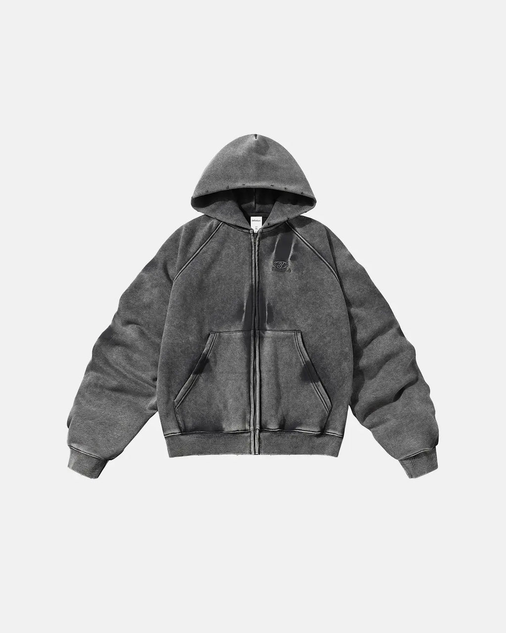 Inflation streetwear acid washed embroidery zip-up hoodie featuring embroidered details and a casual fit, displayed on a hanger.
