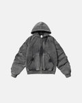 Inflation streetwear acid washed embroidery zip-up hoodie featuring embroidered details and a casual fit, displayed on a hanger.