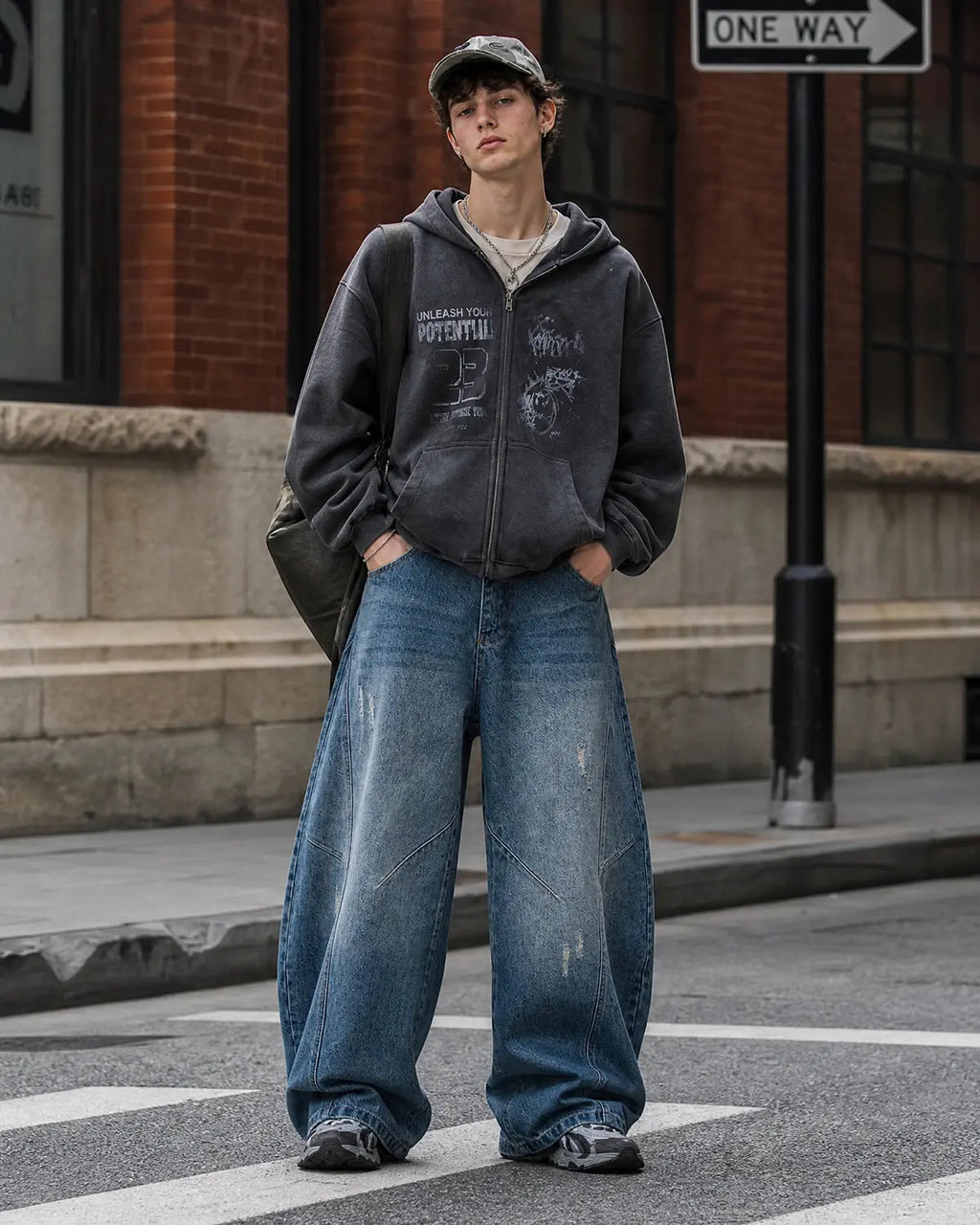 Distressed ripped baggy jeans by Flation, casual streetwear pants with a relaxed fit and frayed details, worn on a model.