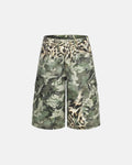 Leopard camo cargo longline shorts by INFLATION, featuring a stylish camo pattern and functional pockets on the long-length design.