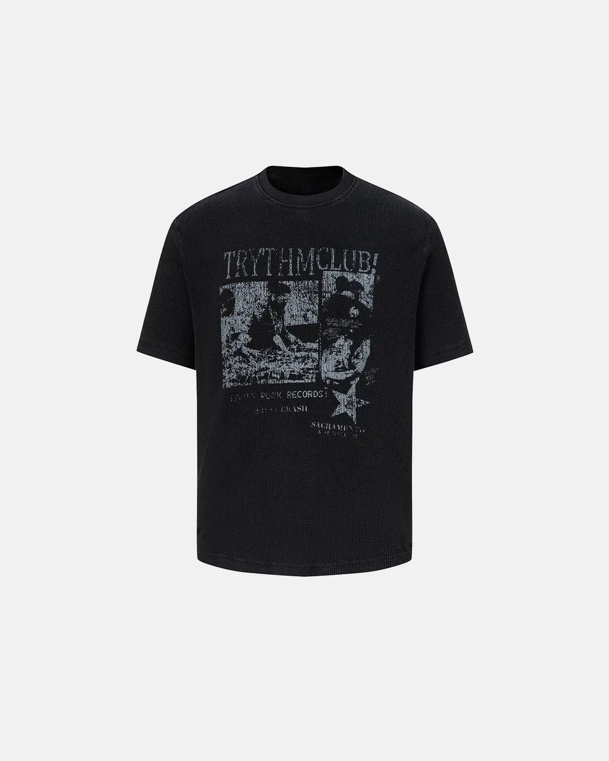 Inflation Streetwear distressed graphic waffle T-shirt, showing a worn-in design with bold print and casual fit.