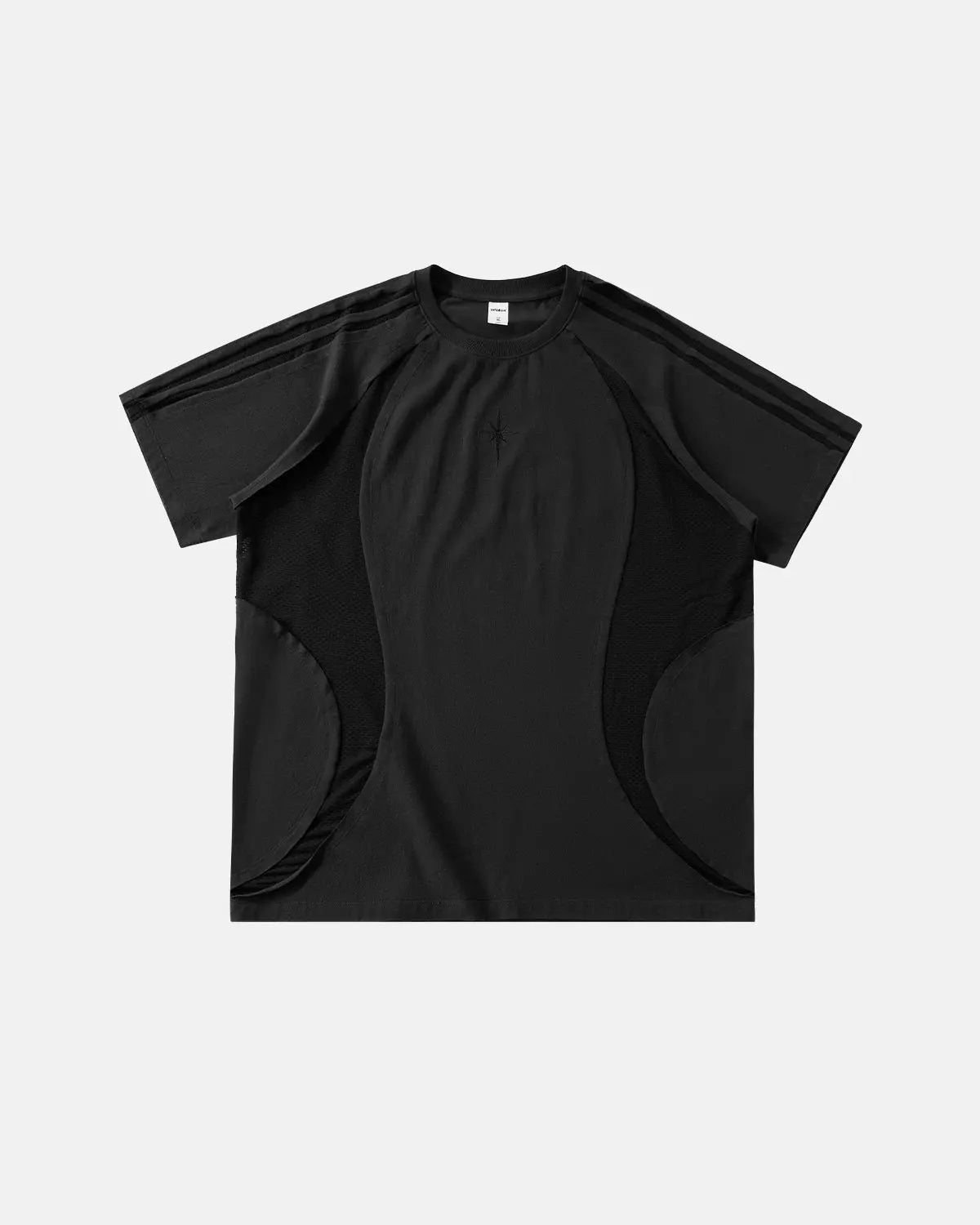 Inflation Streetwear mesh patchwork embroidered T-shirt with colorful stitching and detailed embroidery on a casual fit shirt.