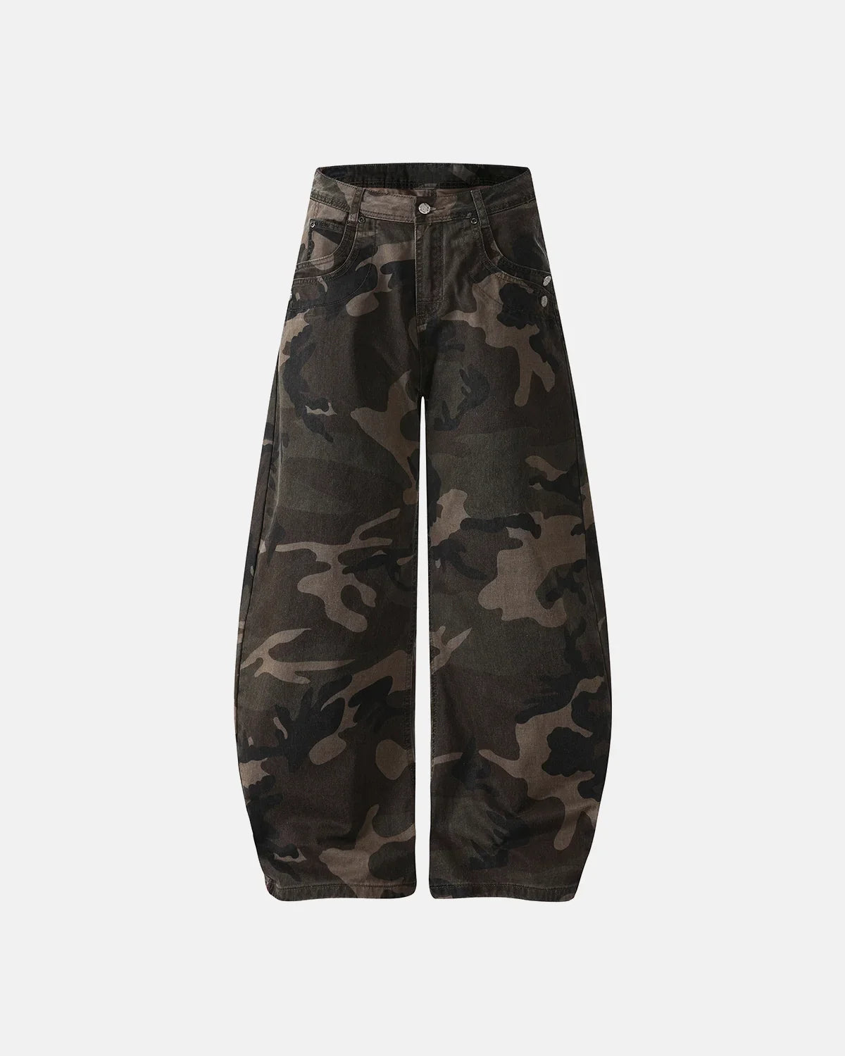 Inflation Streetwear studded camo barrel jeans, stylish pants with metal studs and camouflage pattern, casual streetwear fashion.