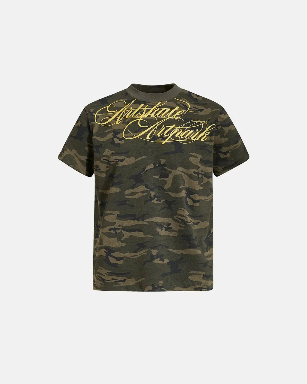 Camo Script Boxy T-Shirt by INFLATION, streetwear style with camouflage pattern and bold script logo, relaxed fit.