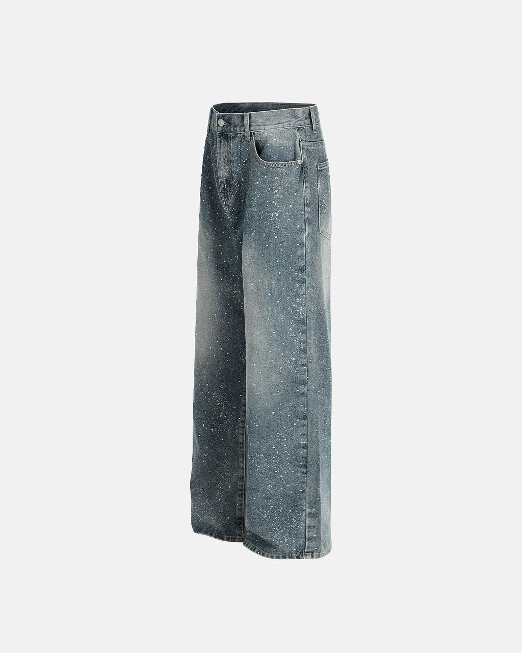 Inflation Rhinestone Straight Leg Denim Jeans with sparkling embellishments, stylish streetwear fit, and classic blue denim fabric.