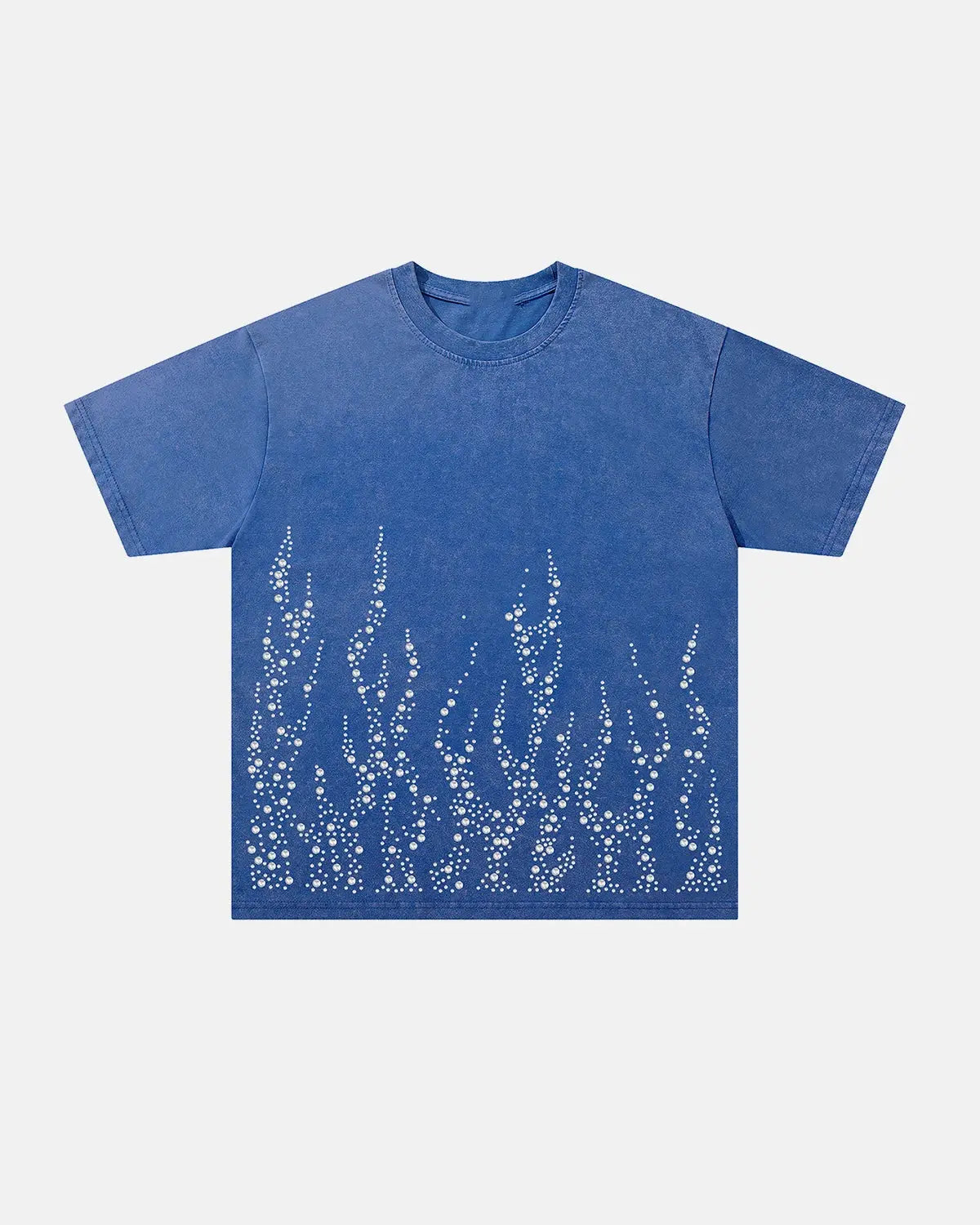 Washed rhinestone flame design on black boxy T-shirt by INFLATION streetwear, featuring bold flame graphic and relaxed fit.