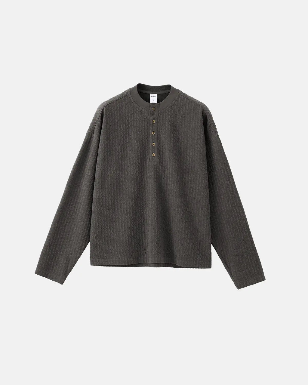 Inflation Streetwear Old Money Style Henley long sleeve T-shirt in neutral tones, casual fit with buttoned neckline and ribbed cuffs.