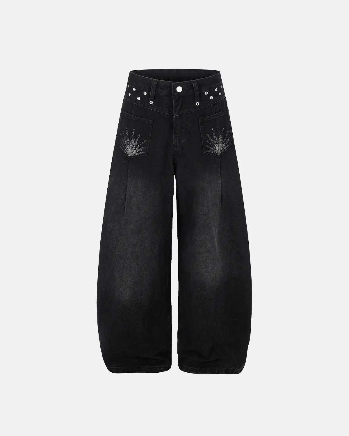 Distressed eyelet barrel jeans by INFLATION featuring a relaxed fit, ripped details, and eyelet accents for streetwear style.
