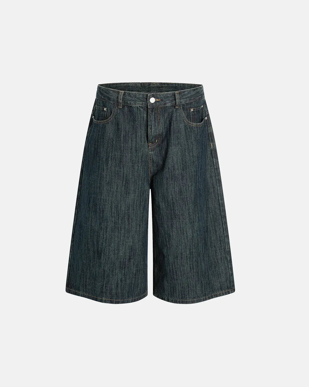 Raw wide-leg long jorts pants by INFLATION Streetwear, showing distressed denim with frayed hems and relaxed fit.