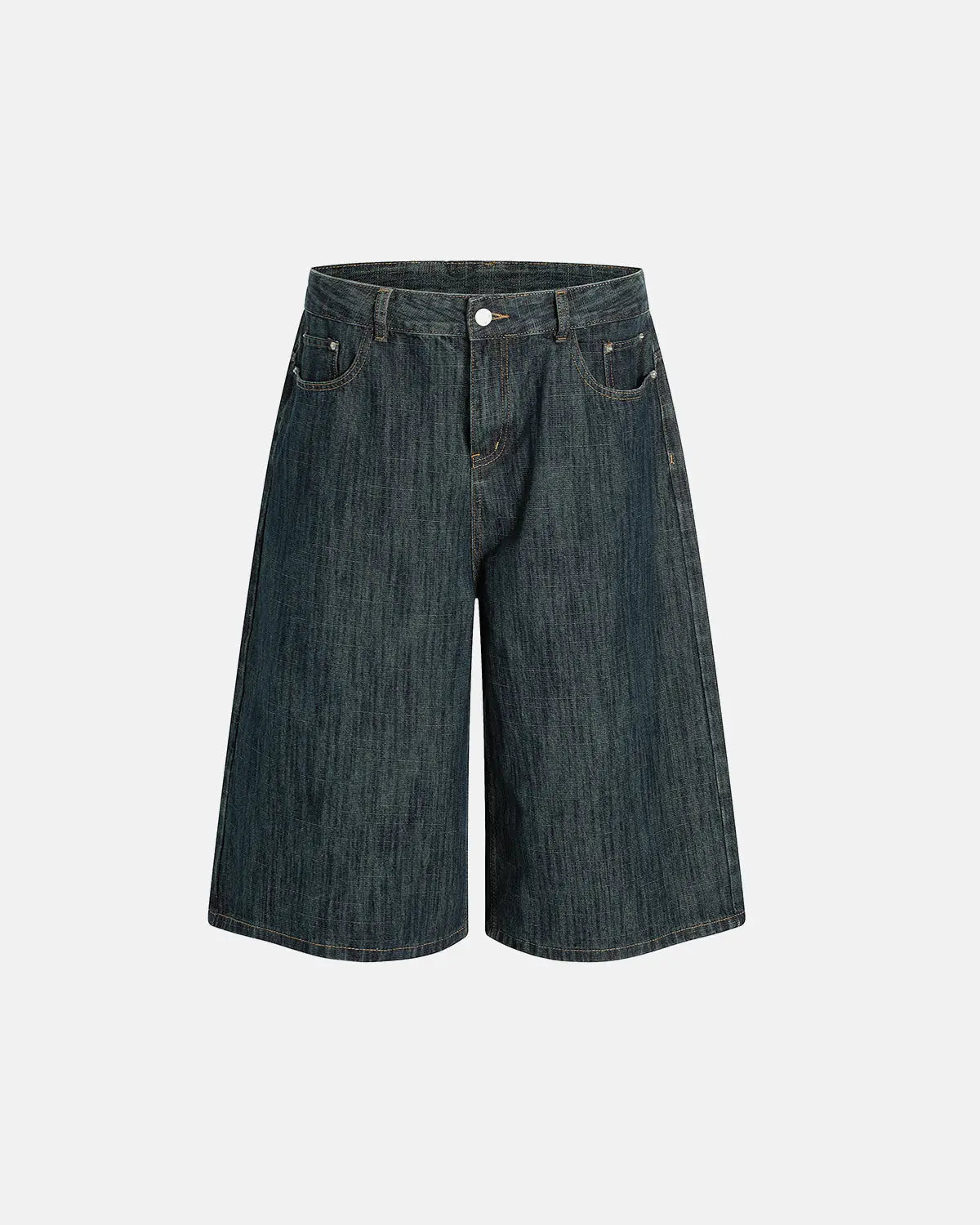 Raw wide-leg long jorts pants by INFLATION Streetwear, showing distressed denim with frayed hems and relaxed fit.
