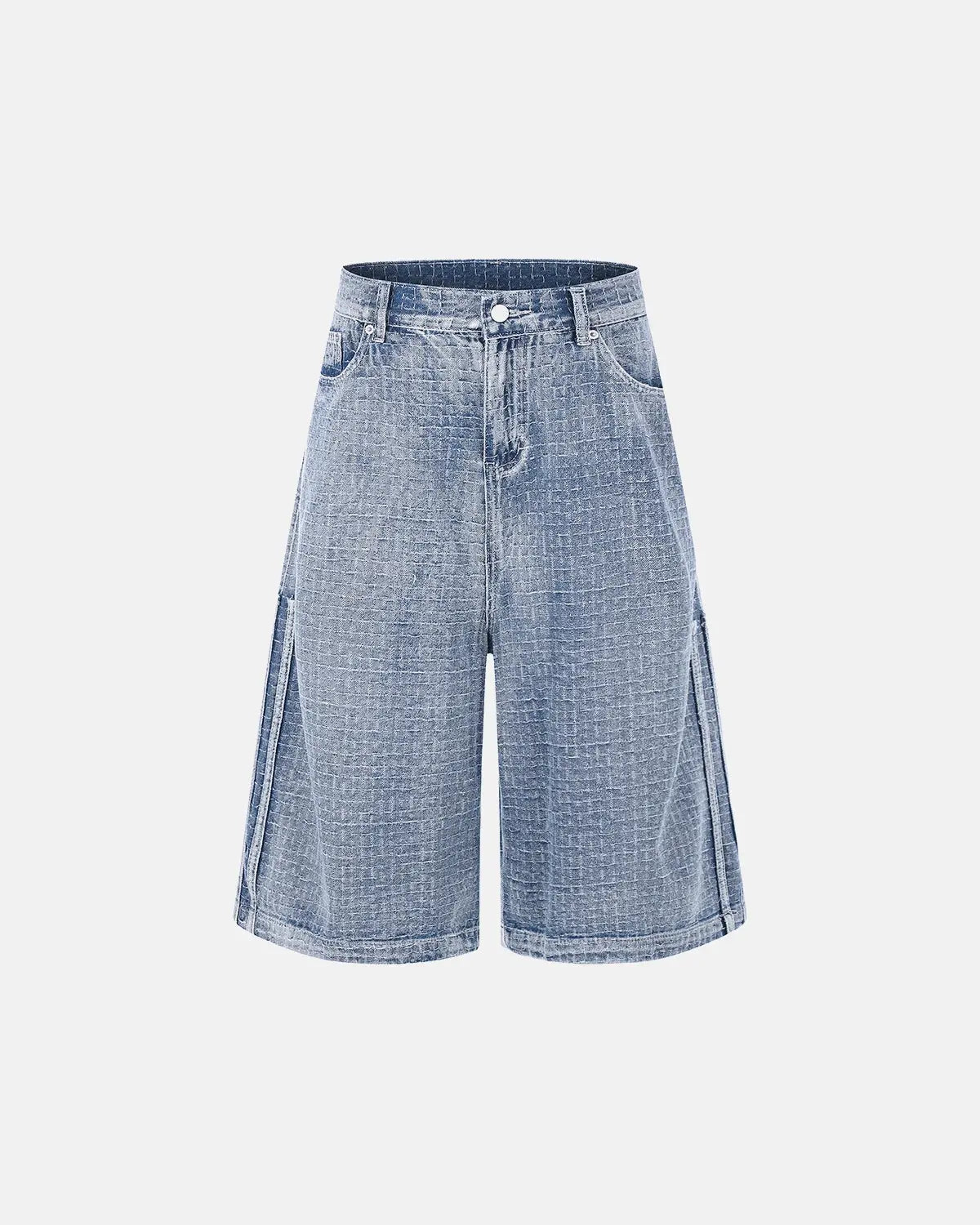 Inflation Streetwear grid texture baggy jorts with relaxed fit and stylish distressed denim, perfect for casual streetwear looks.