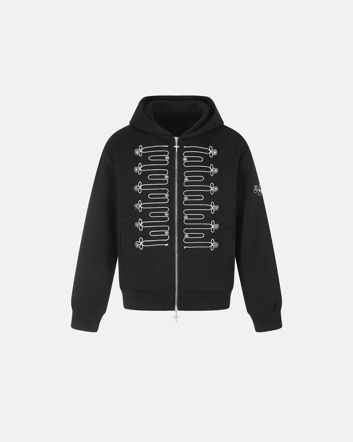Inflation Streetwear braided embroidery boxy zip-up hoodie, featuring detailed embroidery and a relaxed fit, in black fabric.