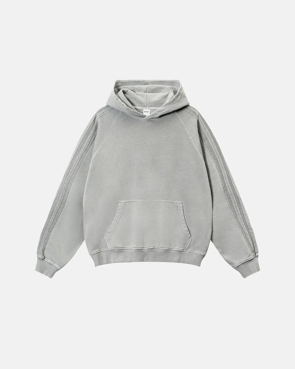 Inflation Streetwear frayed seam acid wash hoodie with distressed details and relaxed fit, featuring a casual, trendy style.