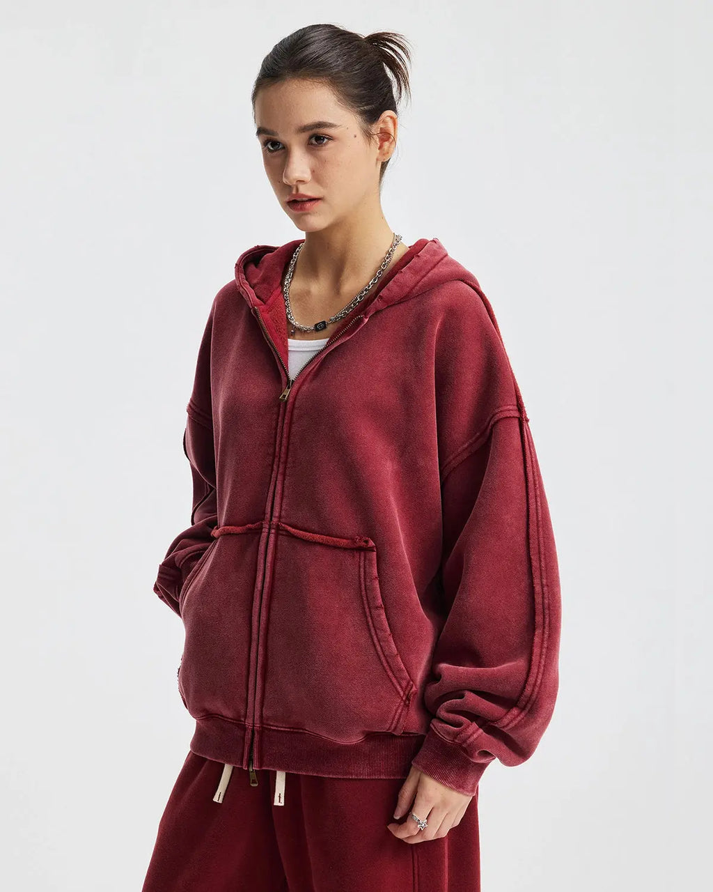 Distressed acid wash double zip hoodie from Flation Streetwear featuring a casual fit and unique worn-in style.