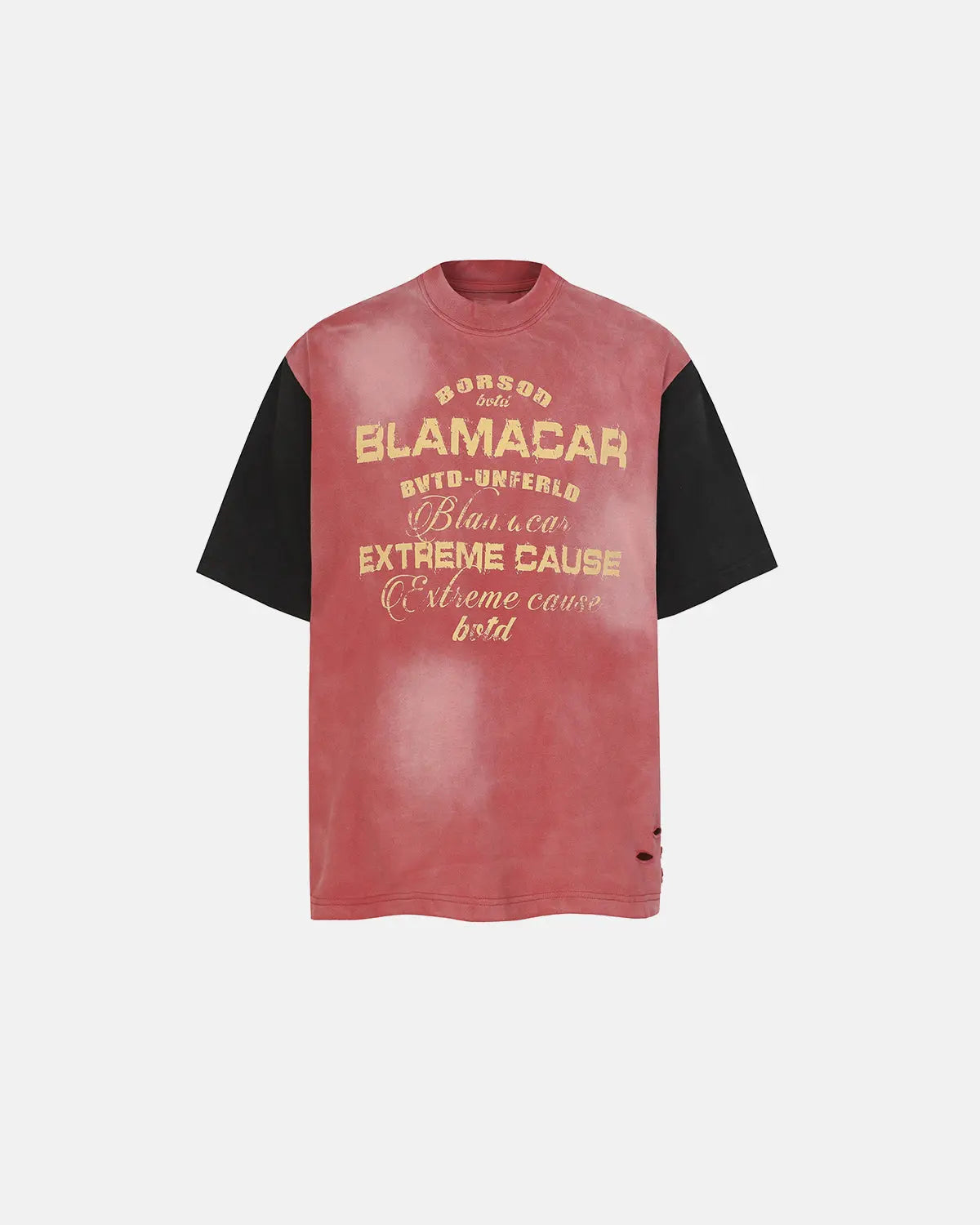 Inflation Streetwear patchwork washed graphic T-shirt with colorful, distressed fabric and bold graphic print, casual streetwear style.