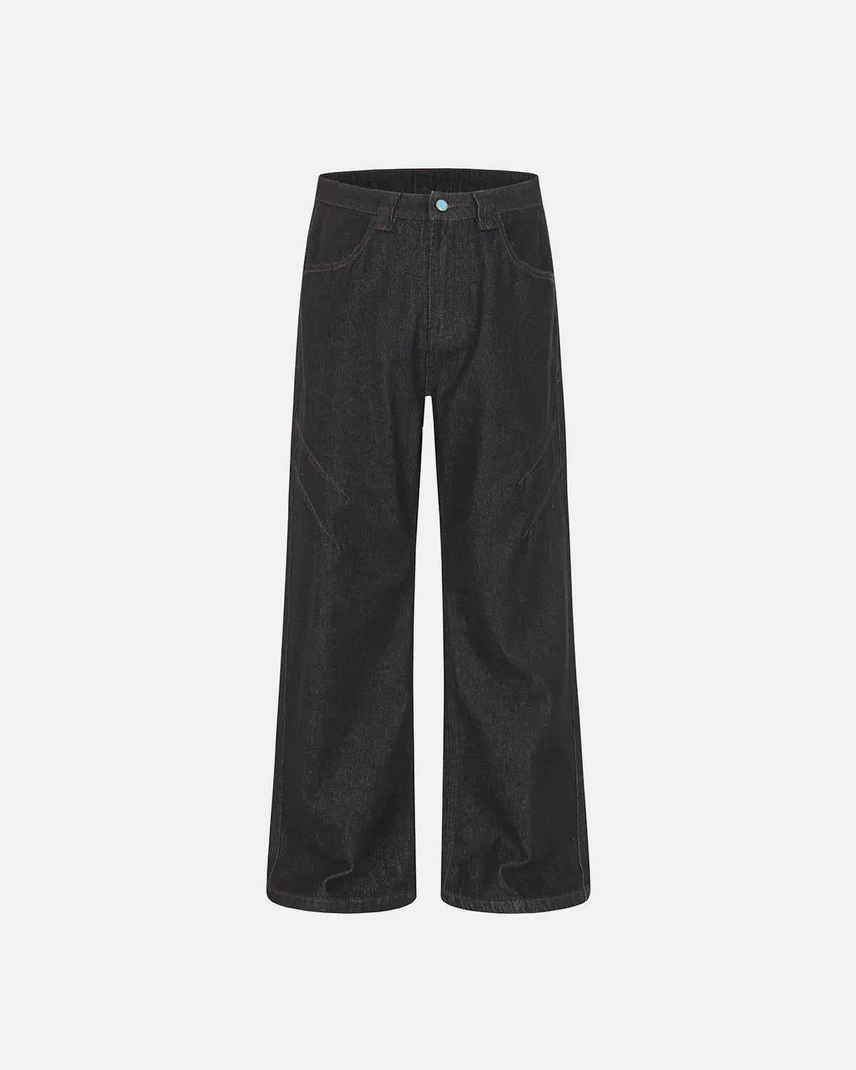 Deconstructed raw denim bootcut jeans by INFLATION with visible stitching and distressed details, styled for streetwear fashion.