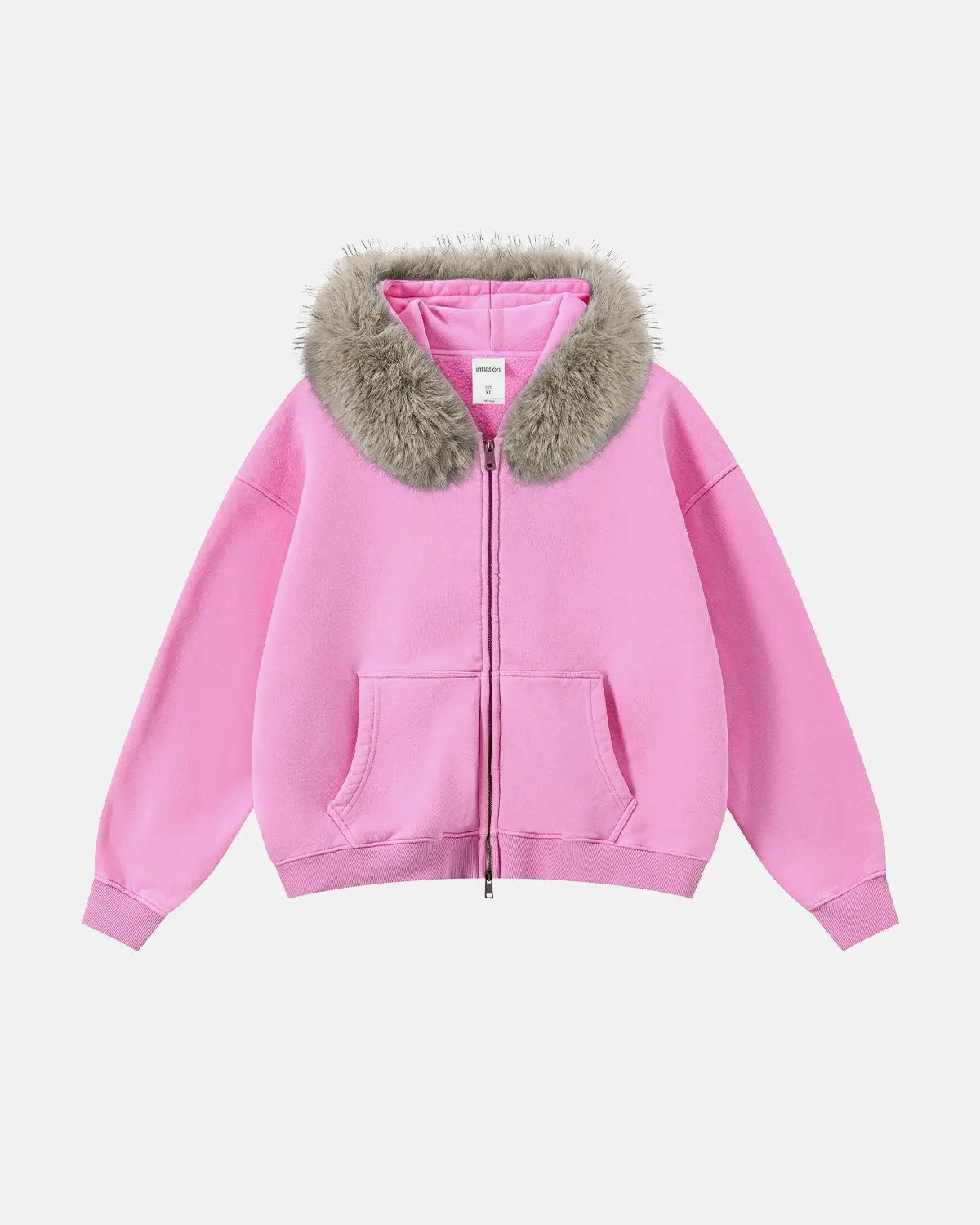 Inflation brand faux fur collar acid wash zip-up hoodie with hood and front pockets, stylish streetwear fashion.