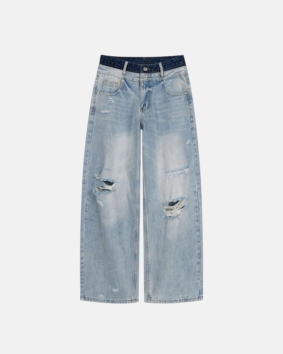 Distressed double waist baggy jeans from Inflation Streetwear featuring a relaxed fit and rugged, faded denim style.