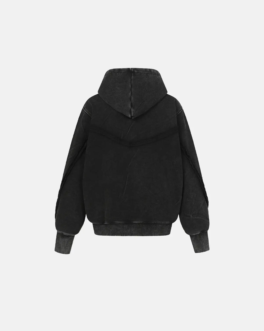 Washed boxy asymmetric zip-up hoodie by INFLATION Streetwear, featuring a modern fit, front zipper, and distressed fabric details.