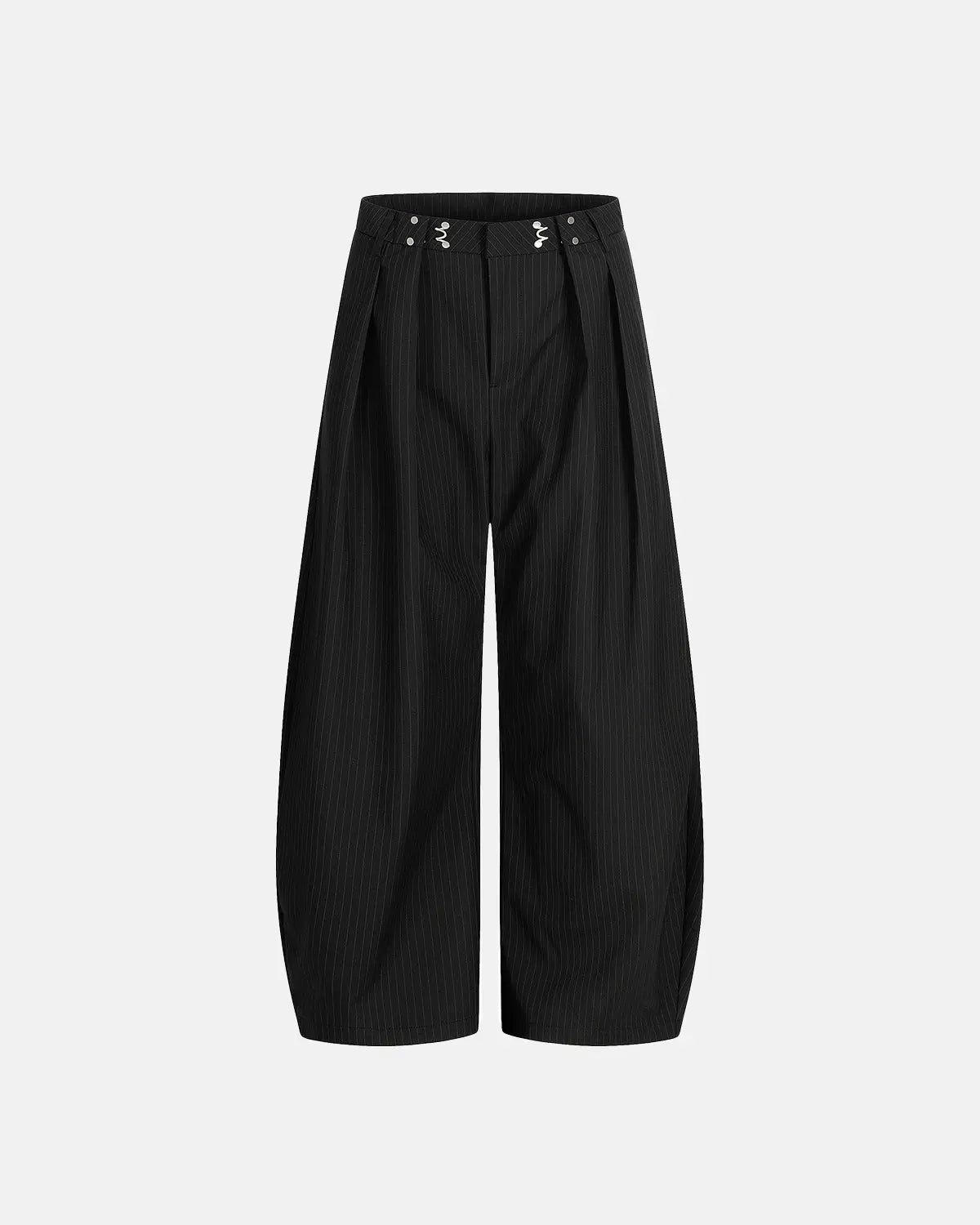 Black striped barrel suit pants by INFLATION, showing the relaxed fit and stylish striped pattern on the casual streetwear pants.