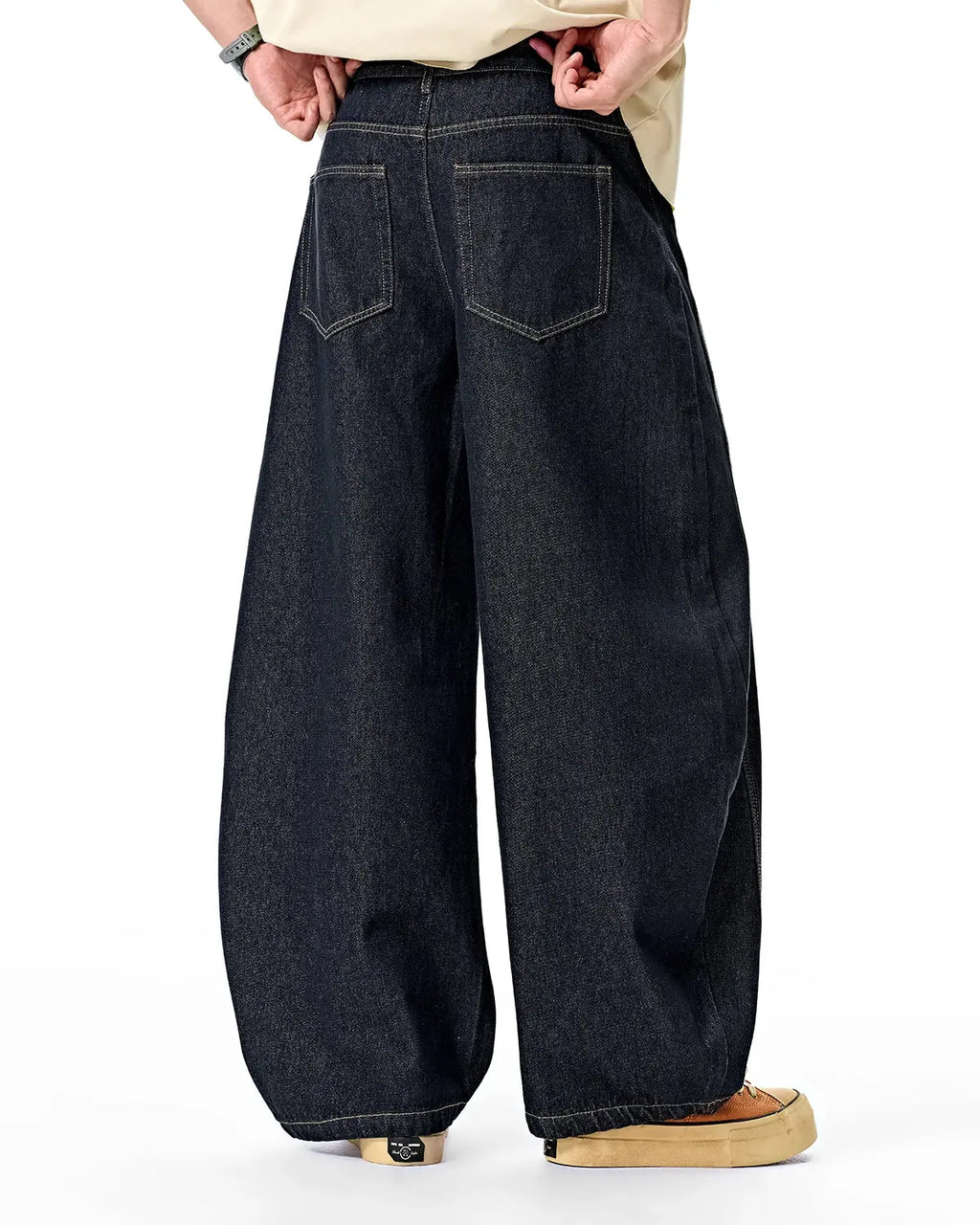 Flation Raw Color Barrel Baggy Jeans, casual pants with a relaxed fit, featuring a raw hem and unique color wash.