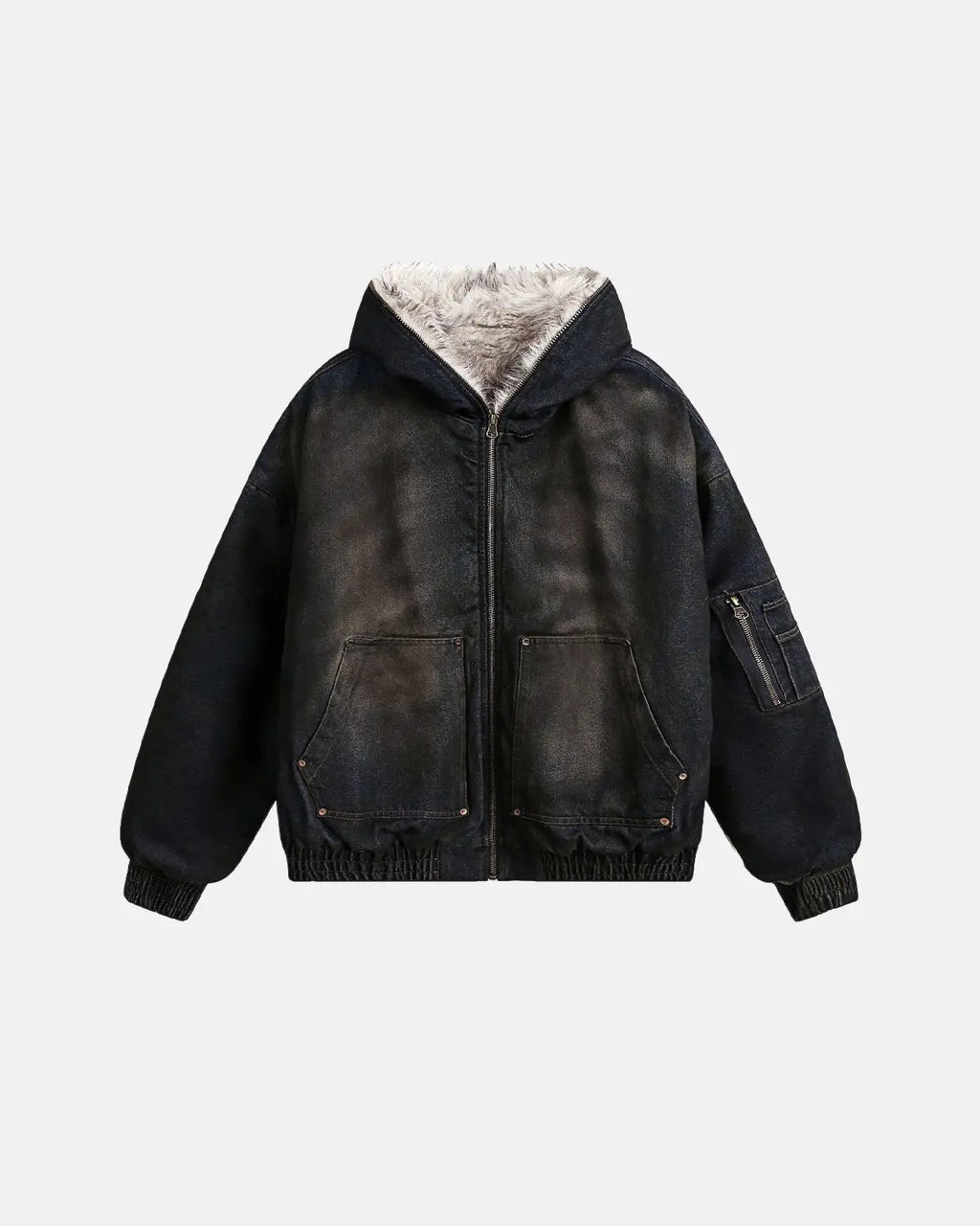 Faux fur lined acid wash bomber jacket by INFLATION, featuring a casual streetwear style with a distressed denim look.