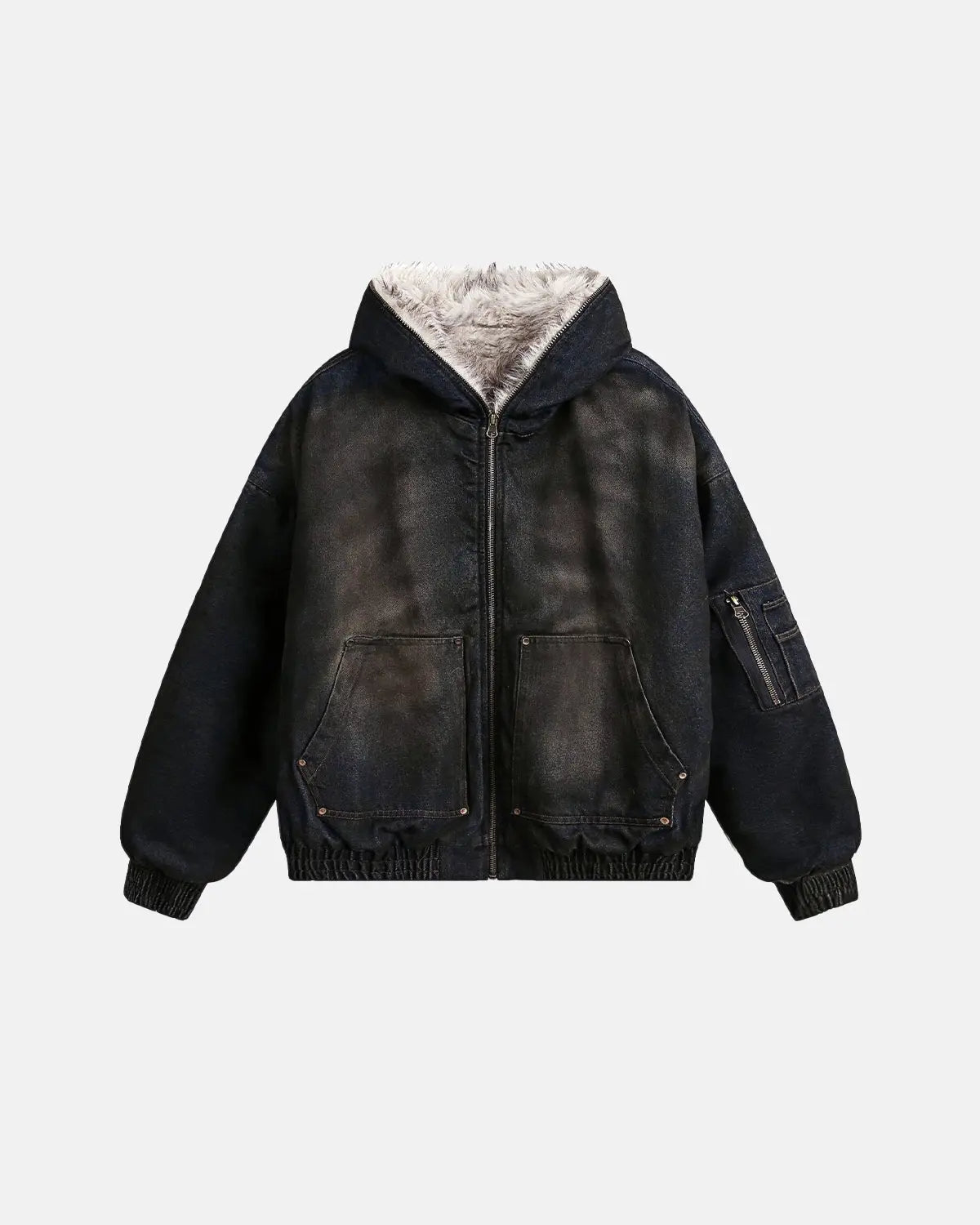Faux fur lined acid wash bomber jacket by INFLATION, featuring a casual streetwear style with a distressed denim look.
