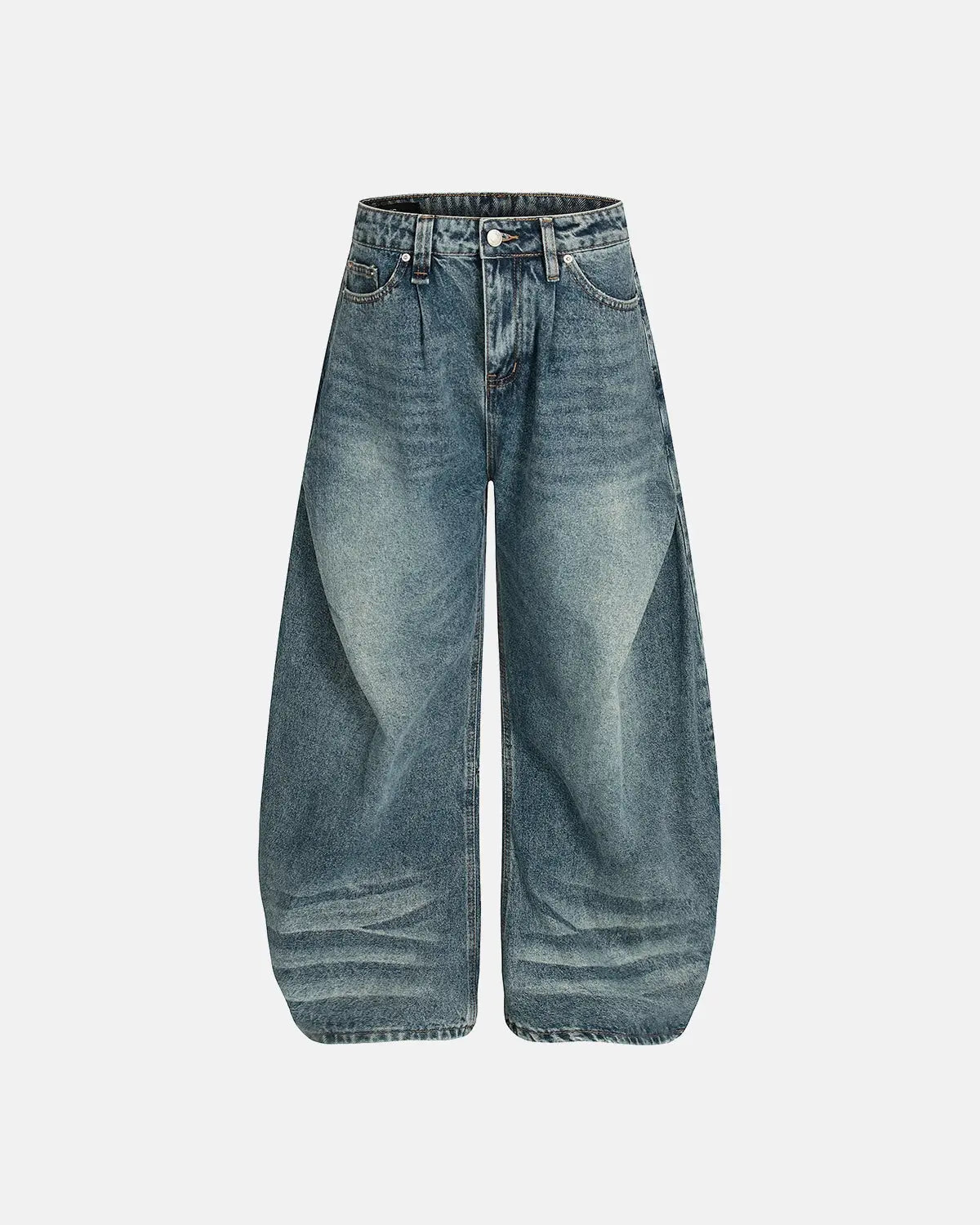 Inflation Whisker Acid Washed Barrel Jeans showing distressed denim, high-rise fit, and unique wash details on a model.