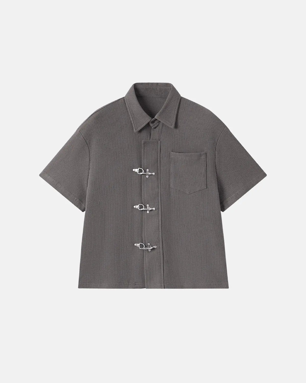 Inflation Streetwear metal clasp waffle shirt featuring a textured fabric and metal clasp details, casual streetwear style.