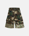 Camo layered longline jorts by INFLATION, stylish streetwear denim shorts with camouflage print and extended length.
