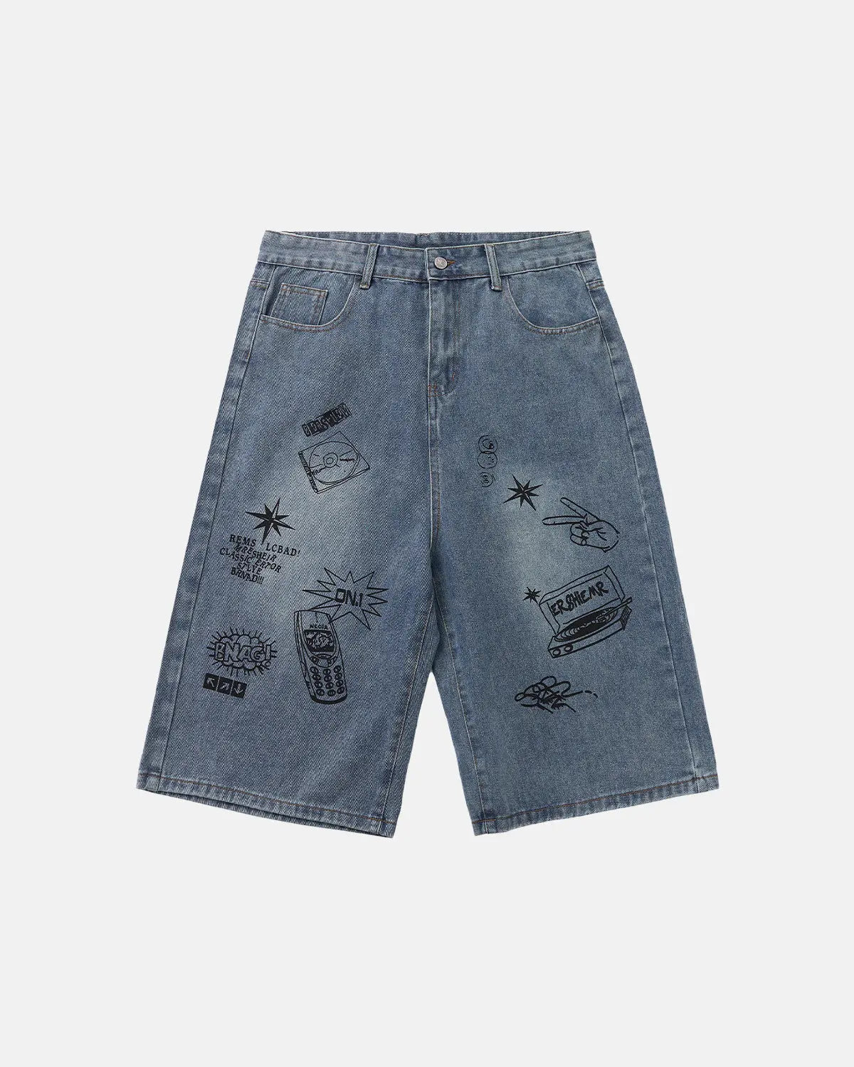 Inflation Streetwear Washed Graffiti Longline Jorts, stylish denim pants with graffiti print, relaxed fit, and longline design.