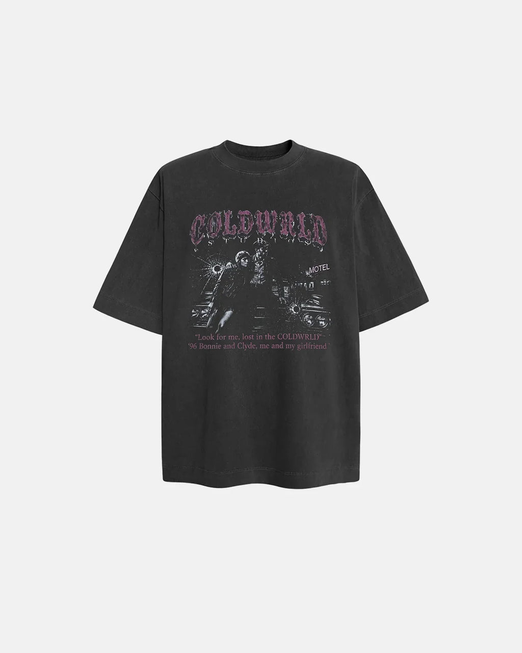 Black washed gothic graphic T-shirt by INFLATION, featuring dark, edgy design, casual streetwear style, and comfortable fabric.