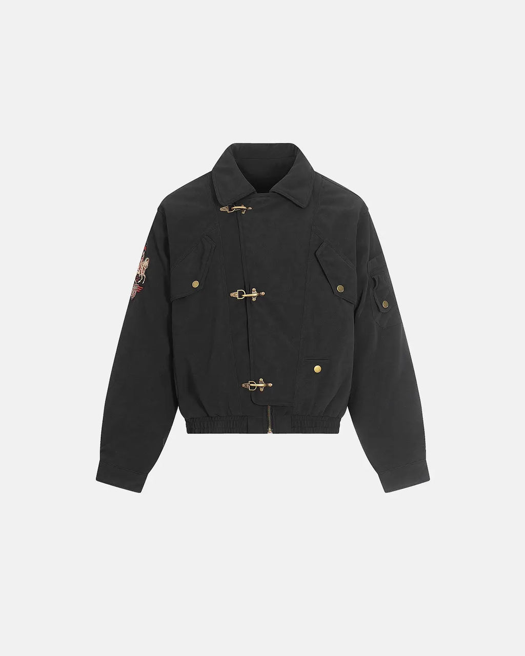 Inflation Horse Embroidery suede padded jacket with clasp closure, featuring detailed embroidery and streetwear-inspired design.
