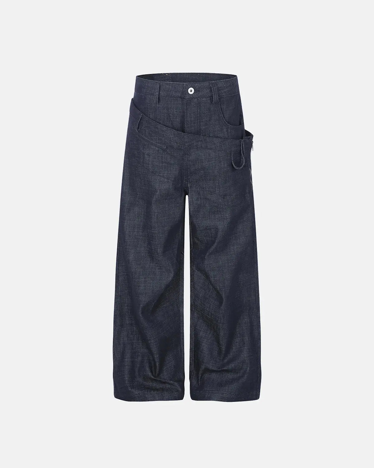 Inflation Streetwear asymmetric wrap waist baggy jeans with loose fit, featuring distressed details and unique design elements.