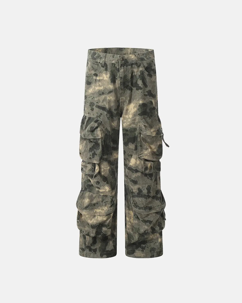 Inflation Camo Multi-Pocket Baggy Cargo Pants with multiple pockets and relaxed fit, featuring a camouflage design and streetwear style.