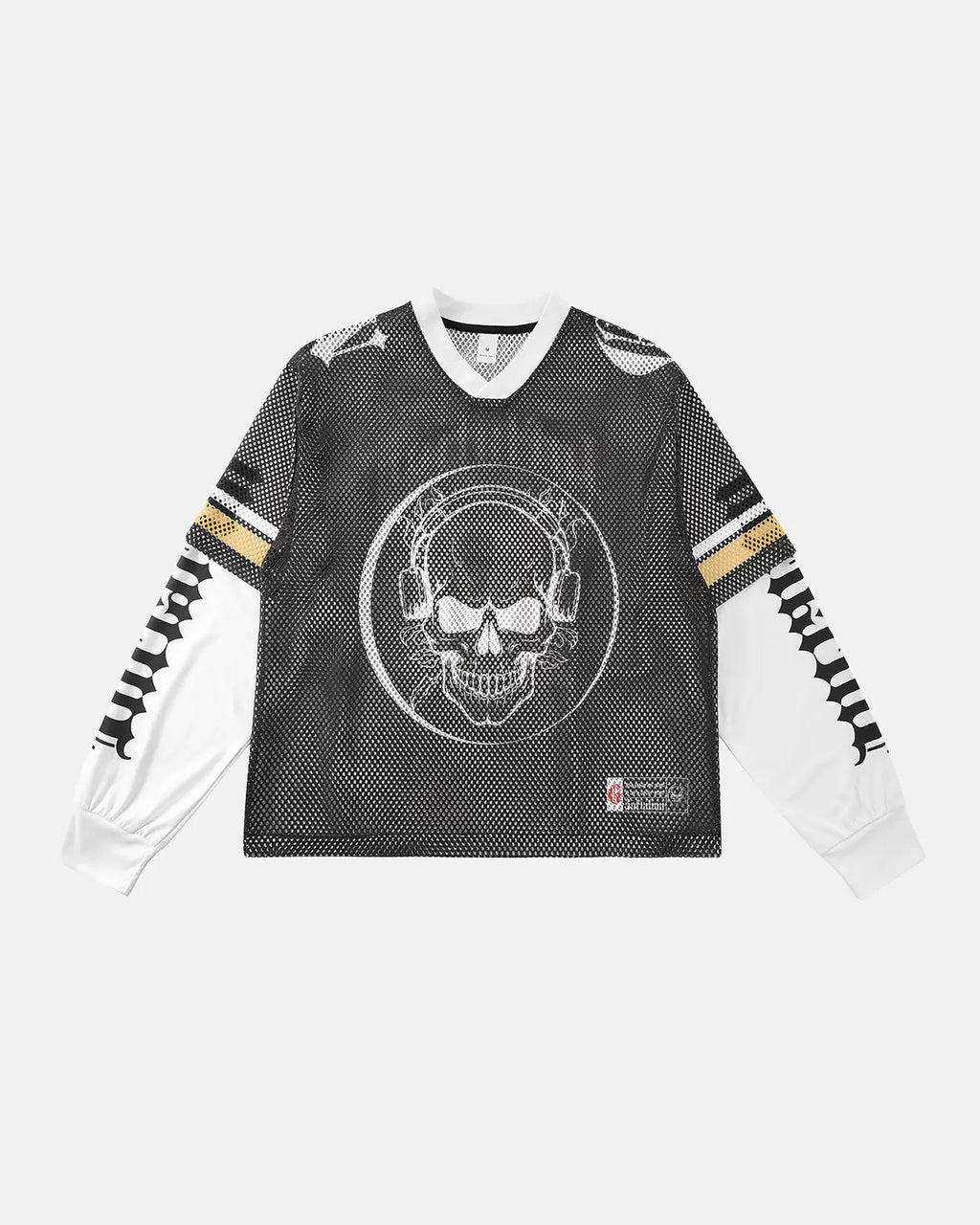 Inflation Streetwear Mesh Skeleton Print Long Sleeve Tee featuring a detailed skeleton design on black fabric.