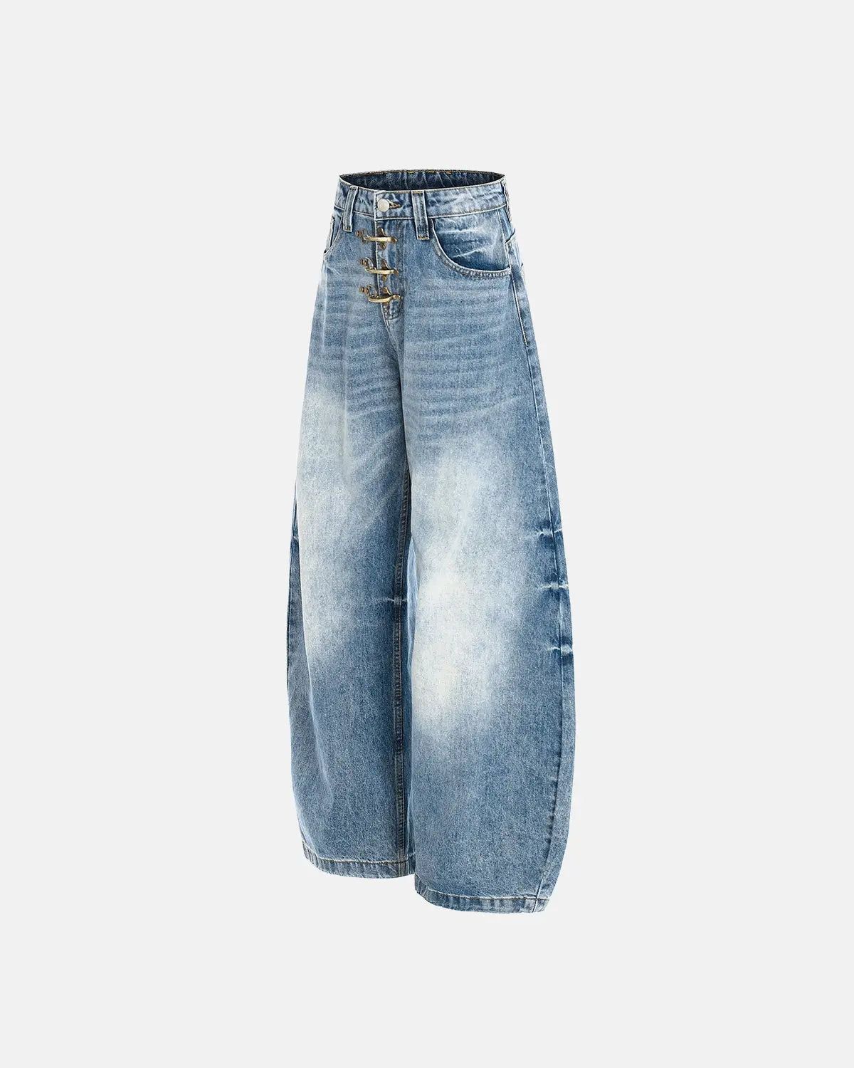 Acid Washed Whisker Clasp Barrel Jeans by INFLATION, stylish denim pants with whisker fade and barrel leg design.