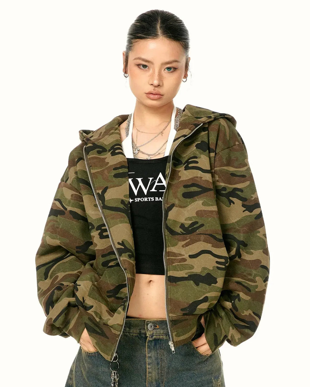 Camouflage zip-up jacket by Flation Streetwear featuring a green and brown camo pattern and a front zipper.