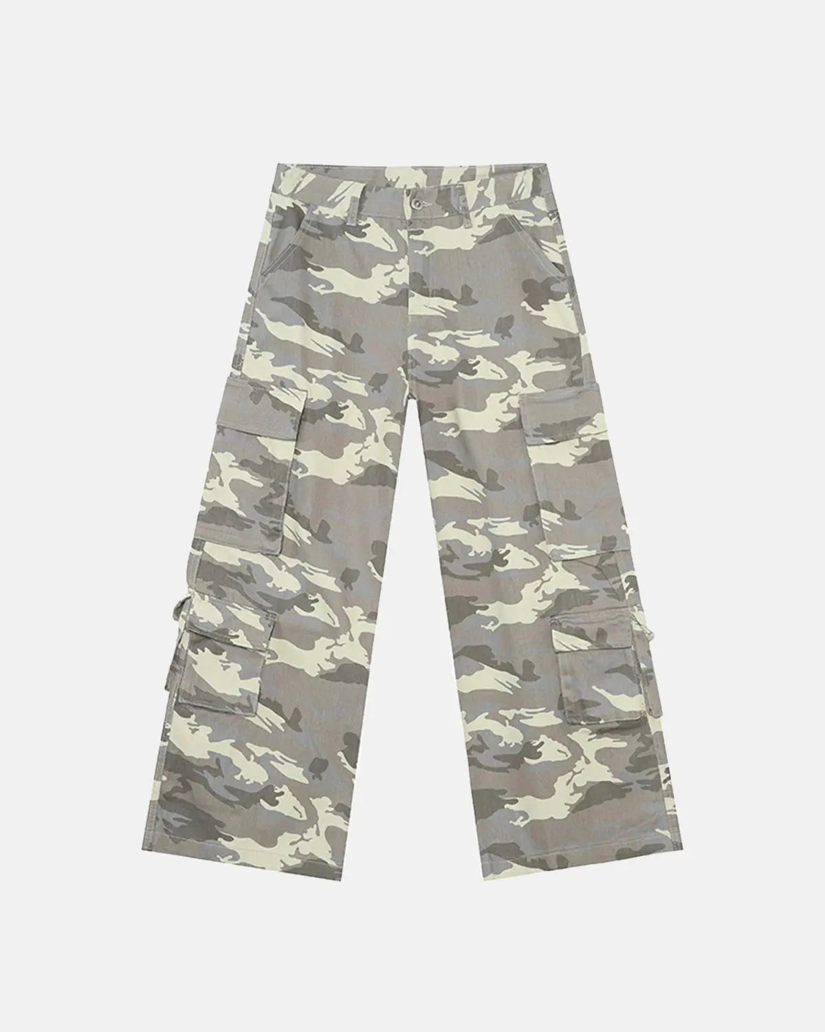Vintage camo cargo pants by INFLATION, featuring a relaxed streetwear style with multiple pockets and military-inspired design.