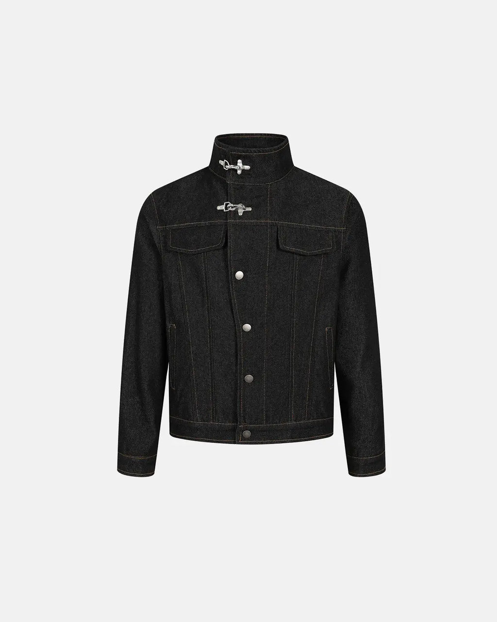 Metal toggle raw denim jacket from Flation Streetwear featuring metal fasteners and a classic raw denim design.