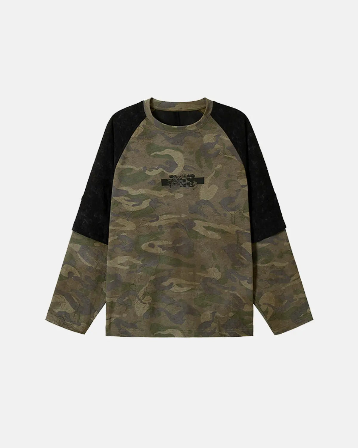 Inflation Streetwear Lace Patchwork Camo Raglan Tee featuring mixed lace and camouflage fabric in a casual fit.