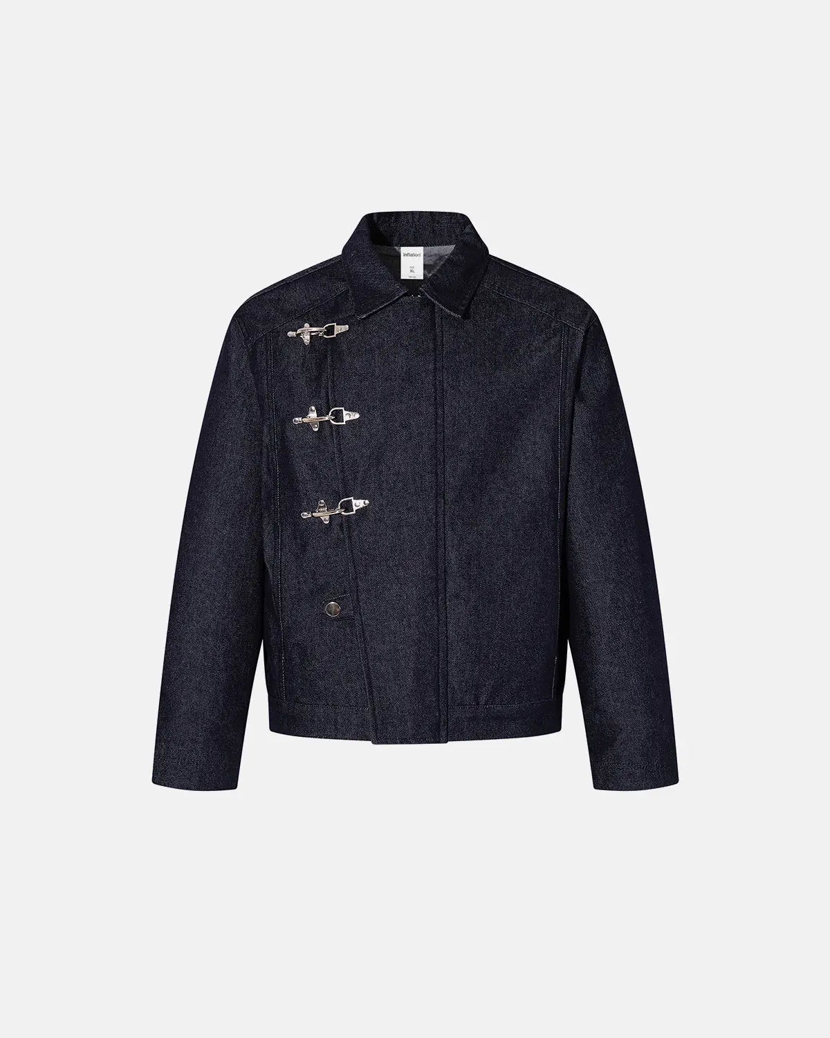 Raw blue denim jacket with fireman clasp details from INFLATION Streetwear, featuring classic collar and button front design.