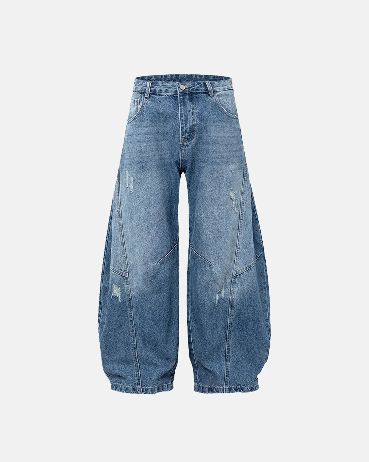 Acid washed distressed barrel jeans by Inflation Streetwear with a relaxed fit and faded, worn-in look.